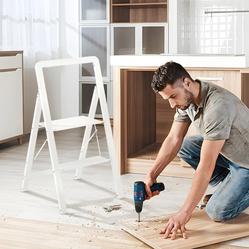 HOMCOM 2-step step ladder, foldable aluminum, non-slip platform, white