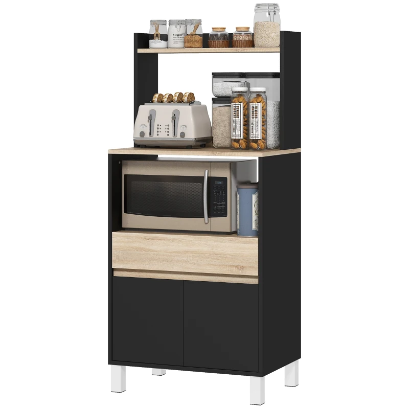 HOMCOM Meuble micro onde, buffet cuisine avec placard tiroir étagère supérieur, 60 x 40 x 131 cm chêne et noir