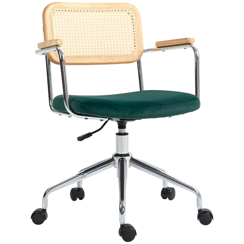 HOMCOM Office chair, boho design, wooden armrests, swivel, adjustable, up to 120 kg, steel, green