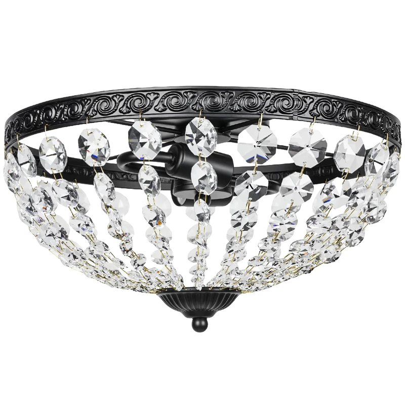 HOMCOM Candeeiro de Teto de Cristal Clássico com 2 Suportes E14 40W Candeeiro de Teto Vintage com 168 Contas de Cristal Ø35x22 cm Preto
