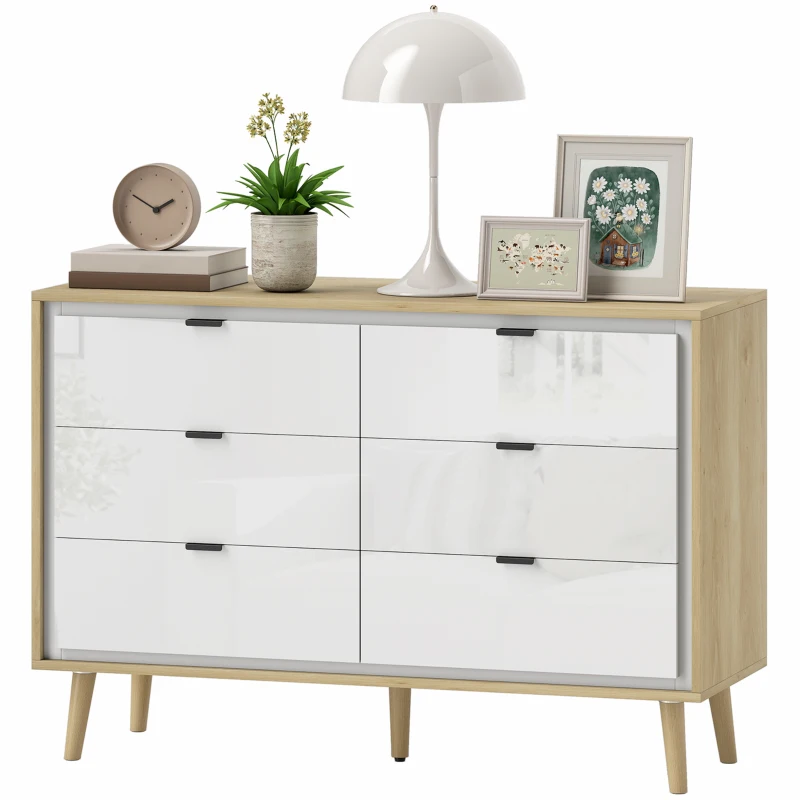 HOMCOM Commode 6 tiroirs, meuble de rangement à haute brillance, 5 pieds en bois, 110 x 40 x 75 cm, blanc et chêne