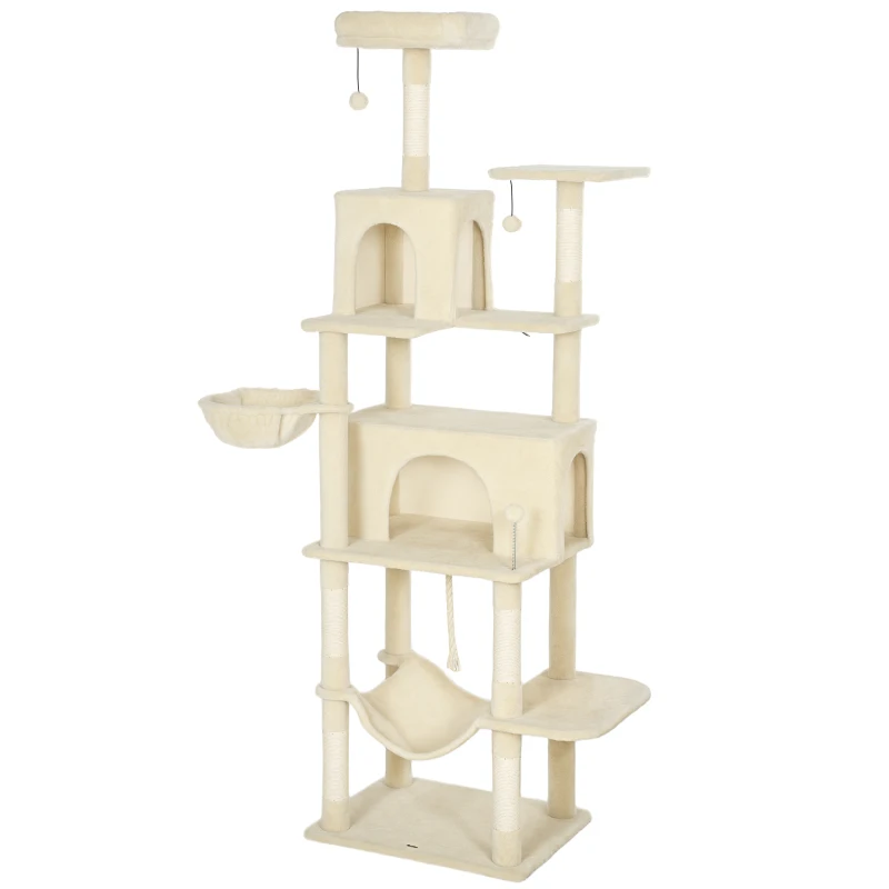 PawHut Kratzbaum mit Plattform Kletterturm für Katzen mit Bett Höhlen Sisal-Pfosten 60x48x202 cm Beige