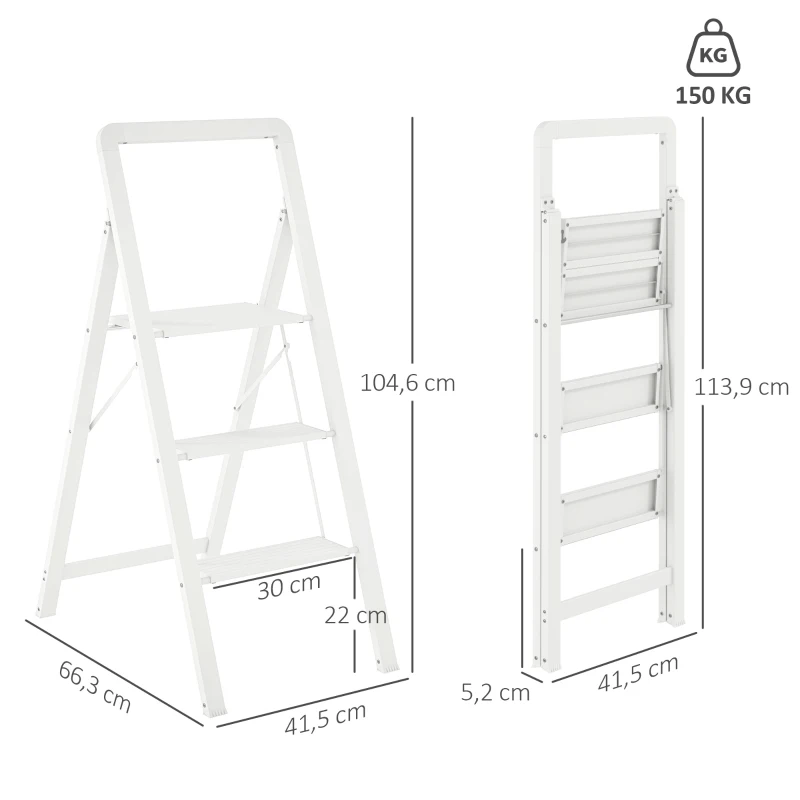 HOMCOM 3-step Folding Aluminum Step Ladder, Non-Slip Platform, White