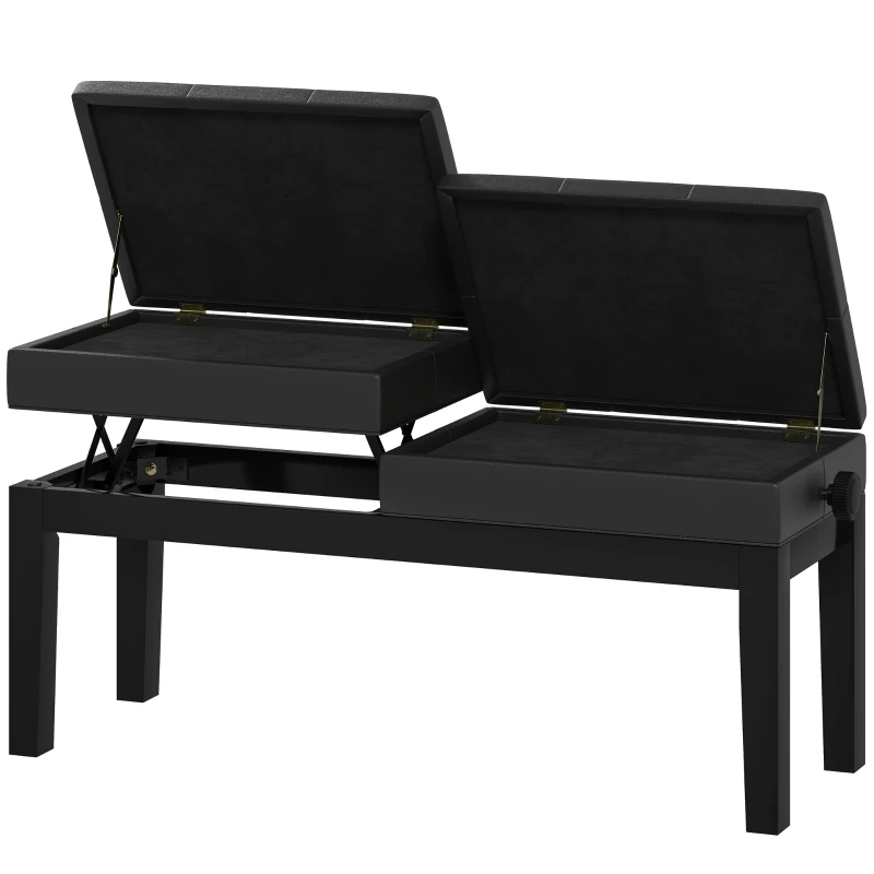 HOMCOM Piano Bench, Piano Stool, Faux Leather, Adjustable Double Seat, Storage, Black