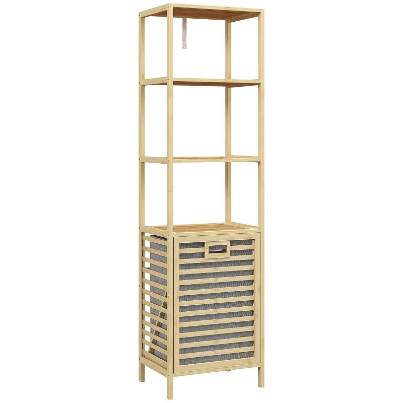 HOMCOM Bathroom cabinet with laundry basket, 3 shelves, bamboo frame, 44x33x160cm, natural