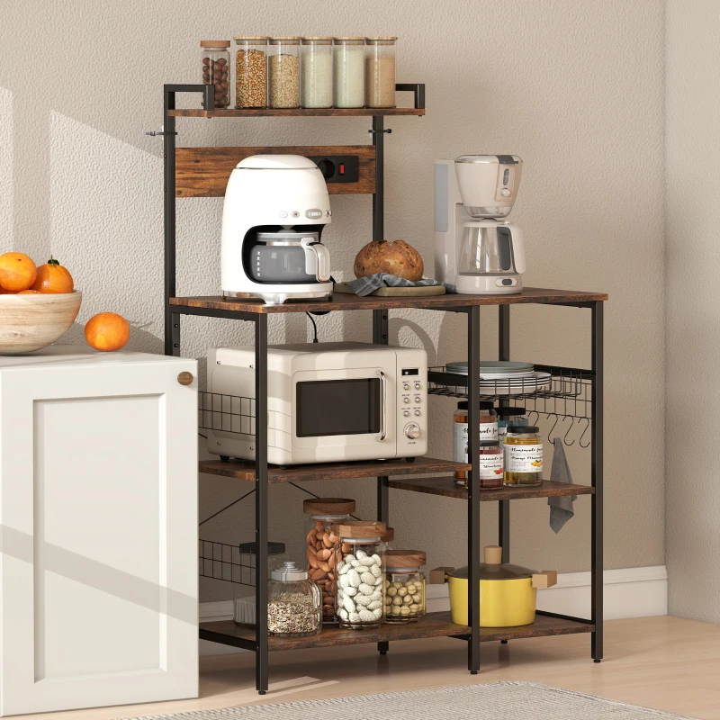 HOMCOM Estantería de cocina, estantería de pie con enchufe, USB, 5 ganchos en S, 5 estantes, cesta, refuerzos en X, acero 90 x 42 x 130 cm
