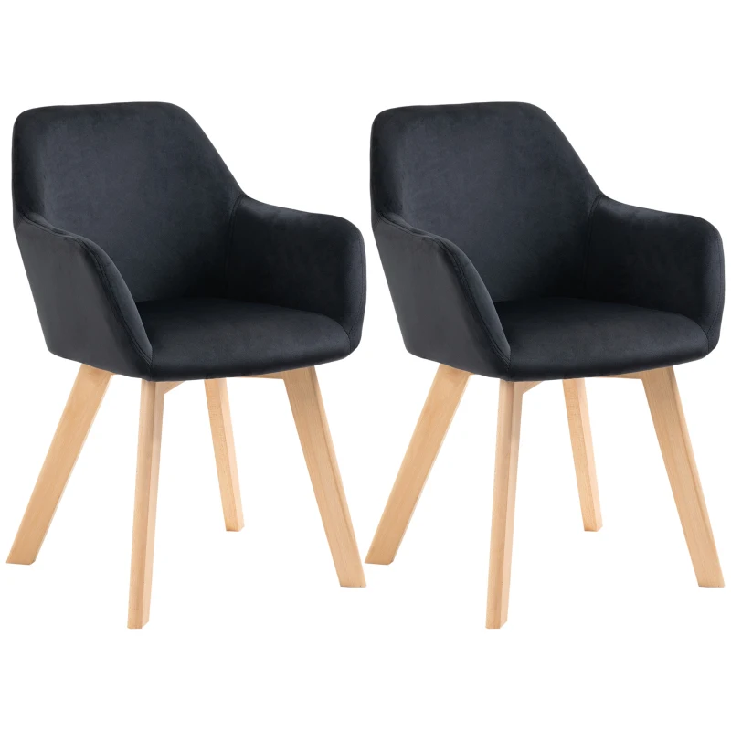 HOMCOM Dining chairs, 2pc set, modern design, velvet-look, rubberwood, 54x57x80 cm, Black