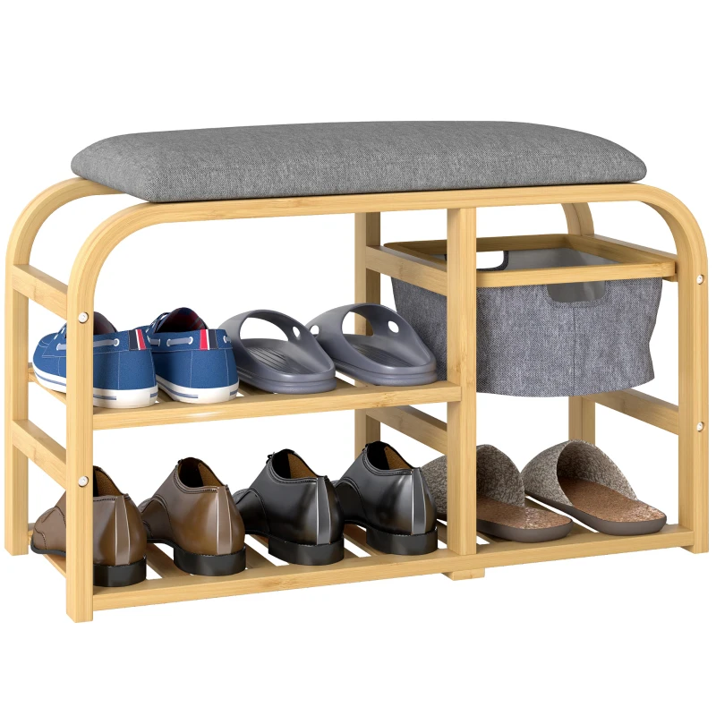 HOMCOM Shoe Bench with Shelves, Shoe Storage Bench, Bamboo, Padded Seat, Grey