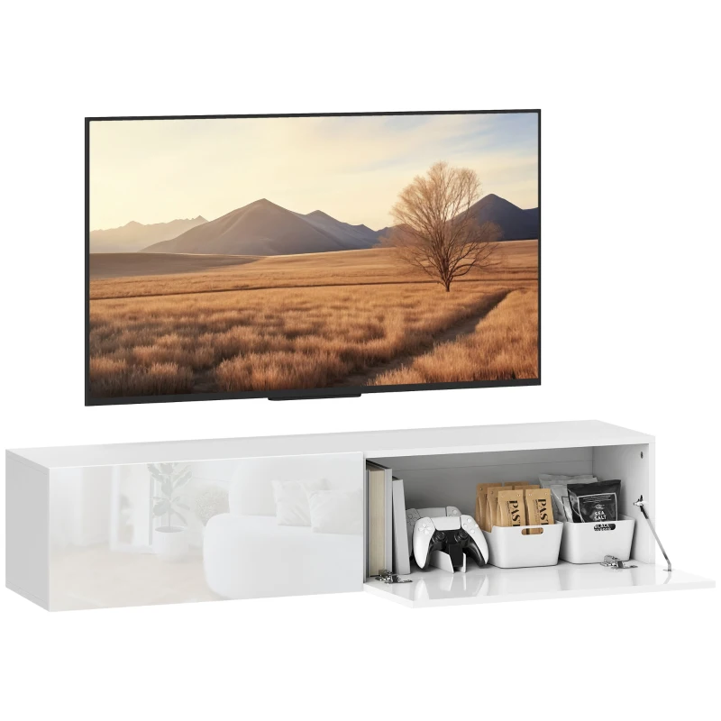 HOMCOM Wall-mounted TV cabinet, floating TV dresser with plenty of shelf space and storage, particleboard, white
