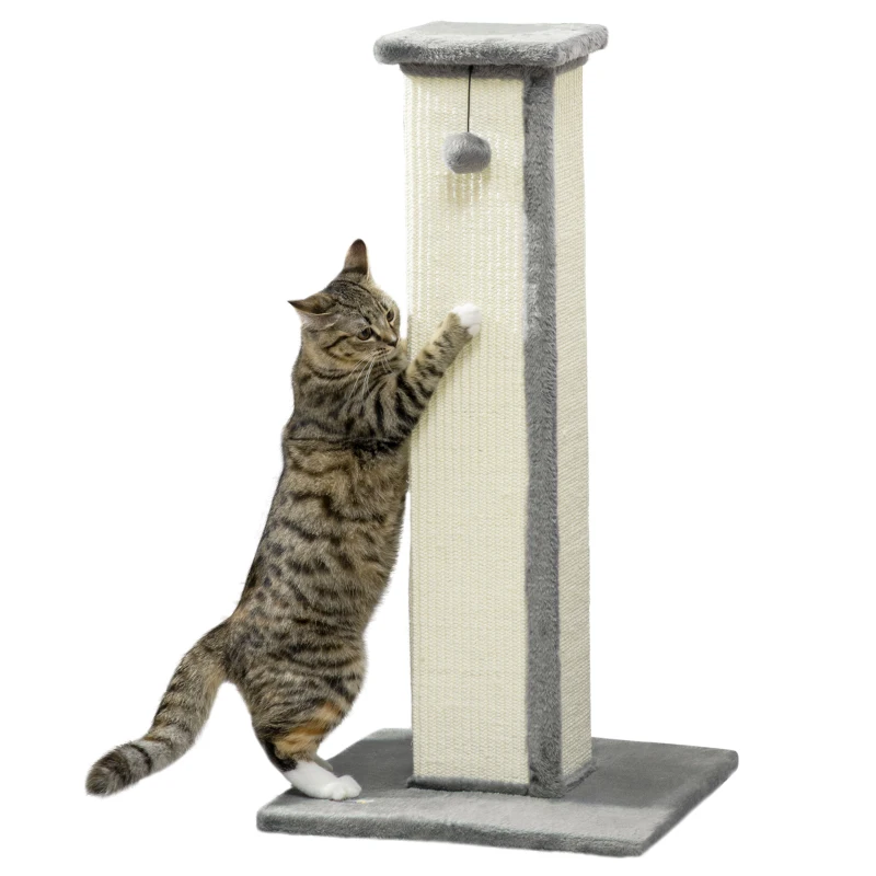 PawHut Stâlp de zgâriat pentru Pisici cu Minge Suspendată și Înveliș din Pluș, 41x41x81 cm, Gri