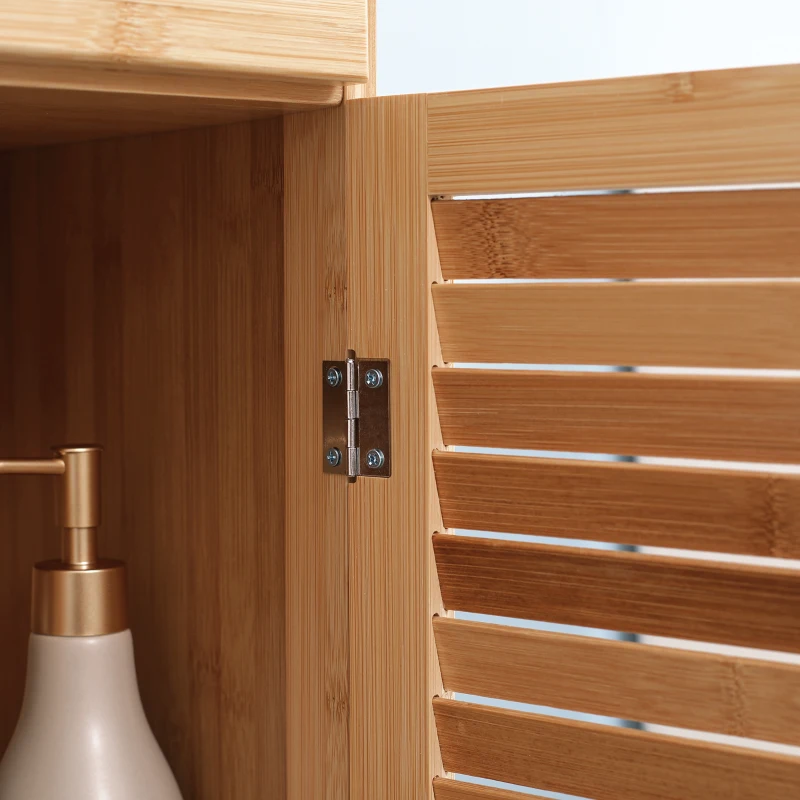 kleankin Bathroom shelf, 3 open shelves, drawer, slatted opening, bamboo, 32 x 30 x 163 cm