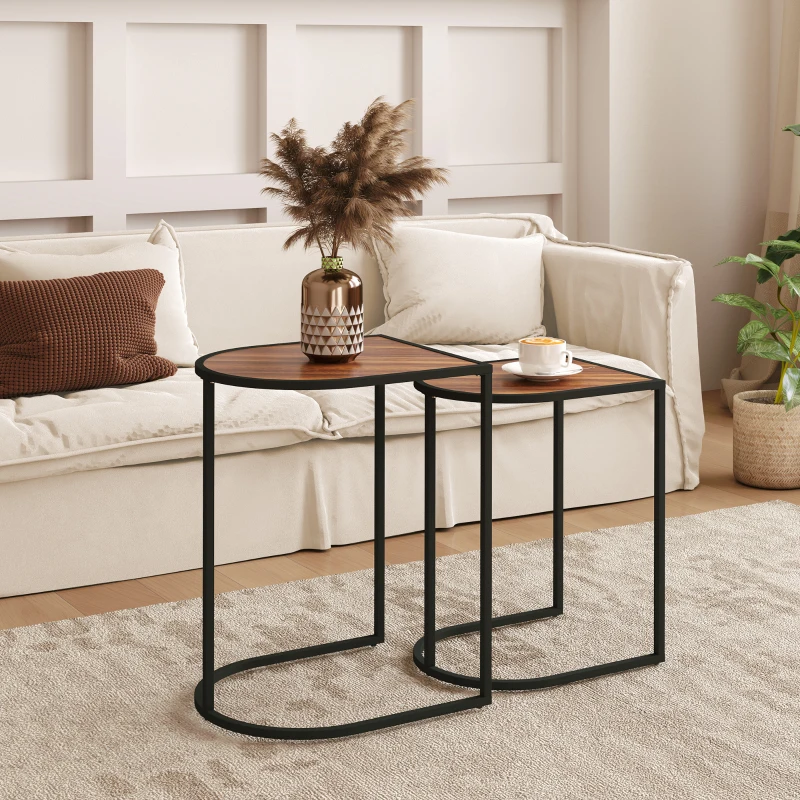 HOMCOM Nesting table set, side tables, metal frame, wood-effect tabletop, Brown