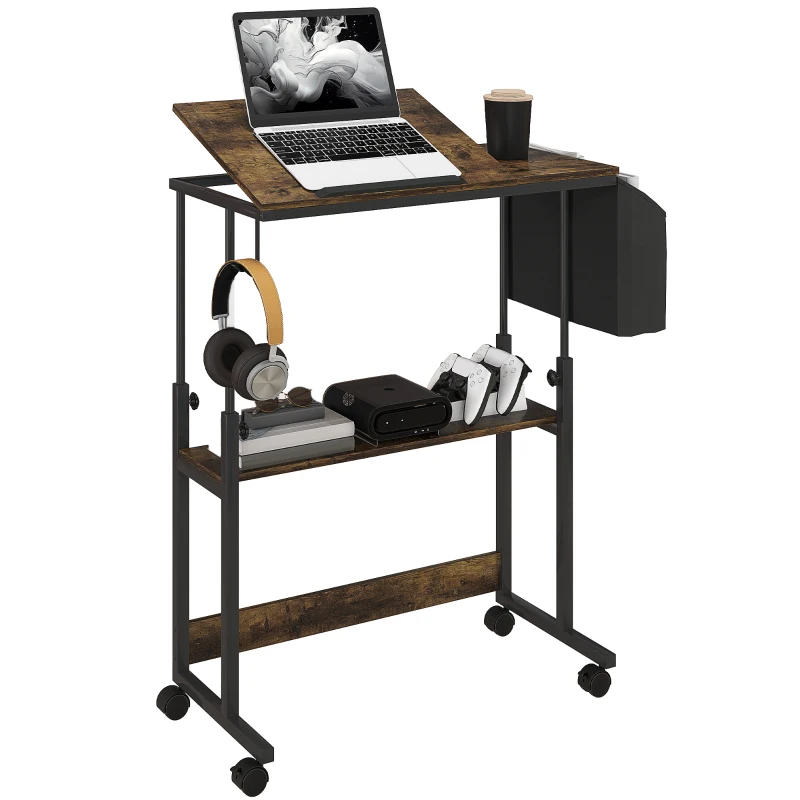 HOMCOM Height-adjustable standing desk with tilting desktop, casters, storage shelf, perfect for writing, reading, drawing, brown
