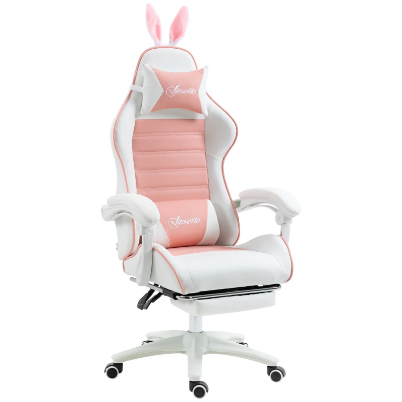 Vinsetto Gaming Chair Ergonomic Gamer Chair with Lumbar Support, Footrest, Bunny Ears, Head Cushion Pink