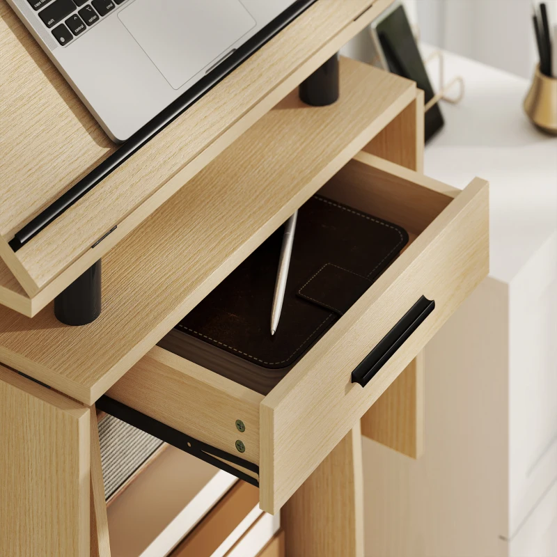 HOMCOM Rolling Podium Stand, Lectern with Folding Side Wings, Laptop Table with Drawer and Shelves, Oak Finish