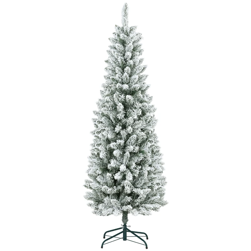 HOMCOM Artificial Christmas Tree, Slim Shape, Artificial Snow, Three-piece, Flame-retardant, Metal Base, 183 cm, Green