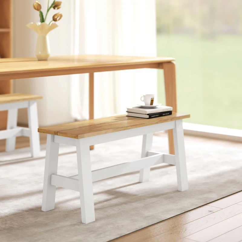 HOMCOM Bench for 2, wooden bench in oak look, stabilizing crossbar, for living room, dining room, hallway, rubberwood, white