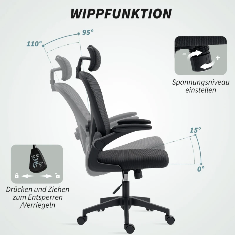 HOMCOM Office chair Ergonomic desk chair with flip-up armrests, adjustable lumbar support Black