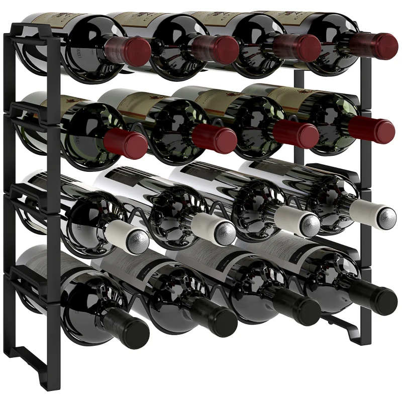 HOMCOM 4-tier wine rack, freestanding rack for 16 wine bottles, metal, black