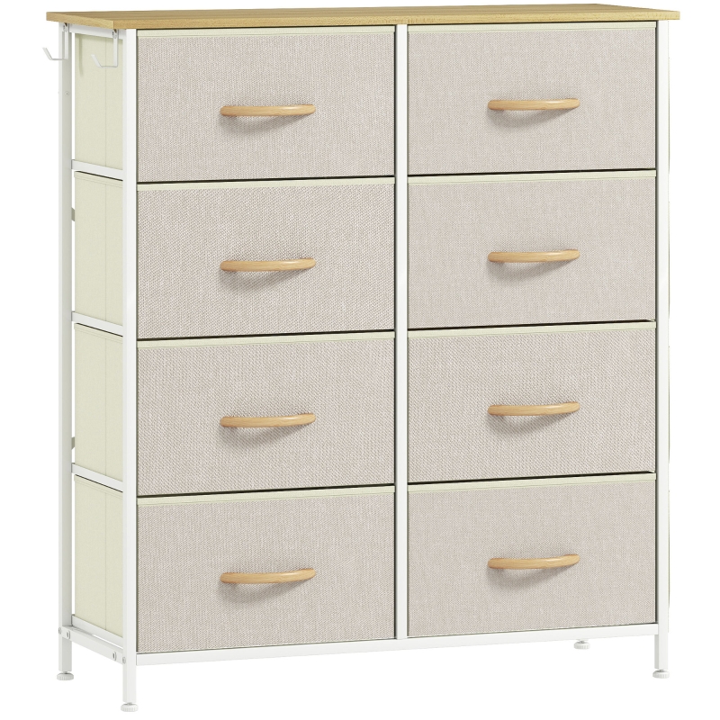 HOMCOM Schlafzimmer-Kommode mit 8 Stoffschubladen, Stahlstreben, Holzoberfläche, 4 Aufbewahrungstaschen, 2 Haken, Beige