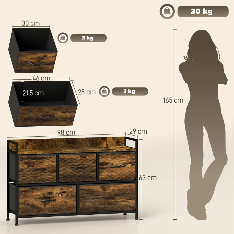 HOMCOM Dresser with Foldable Fabric Drawers, Melamine Wood, Steel Frame, Brown