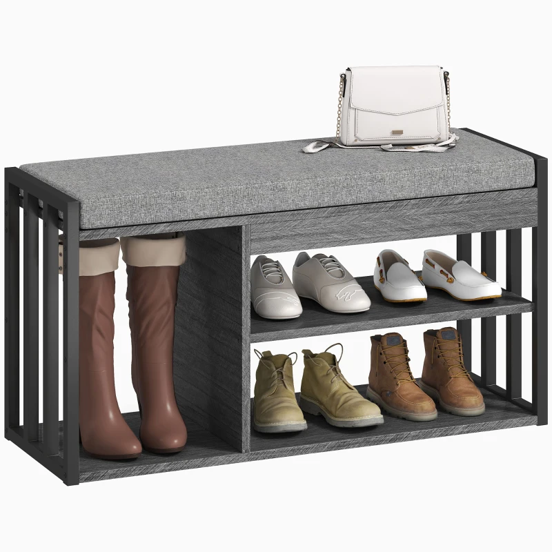 HOMCOM Shoe rack with bench, hallway shoe shelf, 3-tier shoe cabinet for hallway, entryway, living room, bedroom, Gray