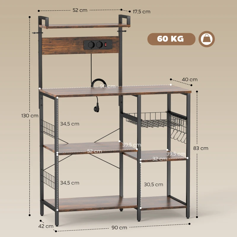HOMCOM Estantería de cocina, estantería de pie con enchufe, USB, 5 ganchos en S, 5 estantes, cesta, refuerzos en X, acero 90 x 42 x 130 cm