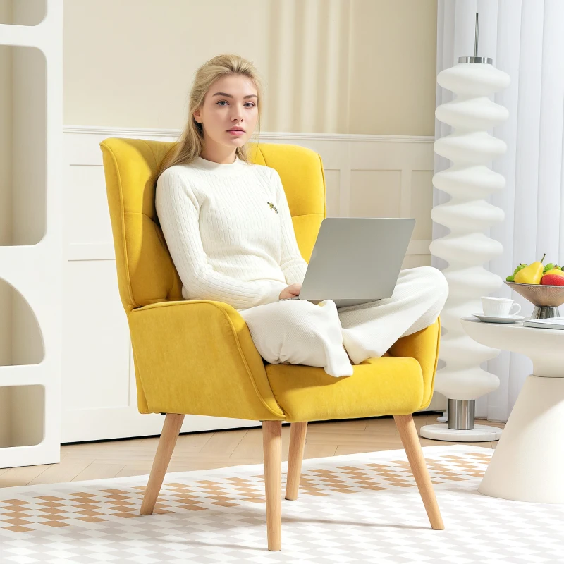 HOMCOM Upholstered Armchair, Living Room Chair with Tufting, Soft Velvet-Look Cover, up to 120 kg, Yellow