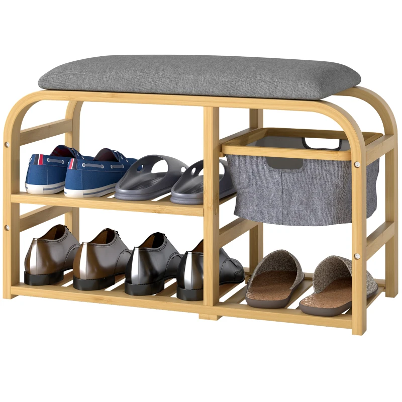 HOMCOM Shoe Bench with Shelves, Shoe Storage Bench, Bamboo, Padded Seat, Grey