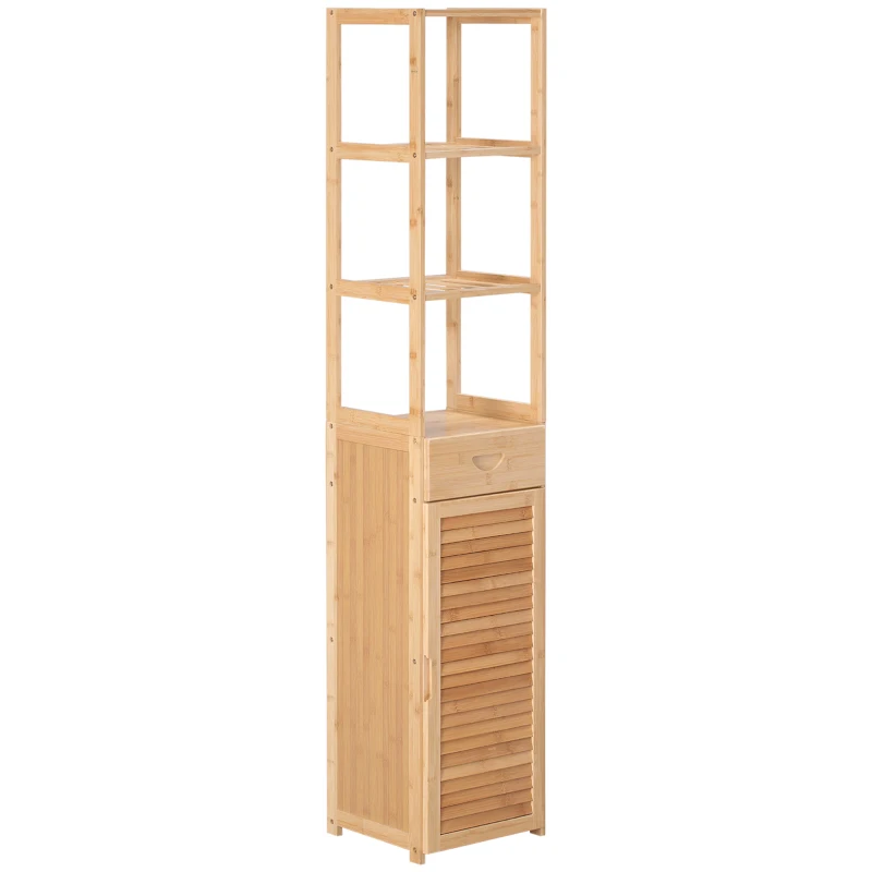 kleankin Bathroom shelf, 3 open shelves, drawer, slatted opening, bamboo, 32 x 30 x 163 cm