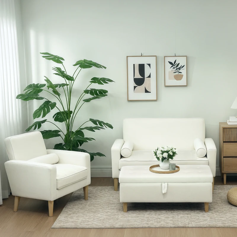 HOMCOM Upholstered Storage Ottoman, Wooden Legs, Soft Fabric Cover, Cream White