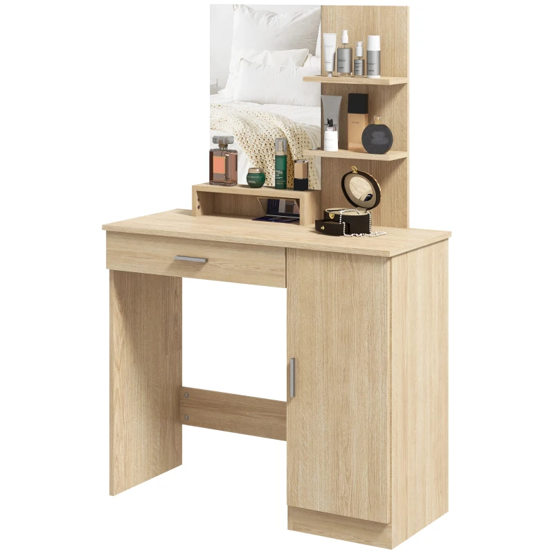 HOMCOM Tavolo per Trucco in Truciolato con Mobiletto, Cassetto, Ripiani Aperti e Specchio, 90x38x138 cm