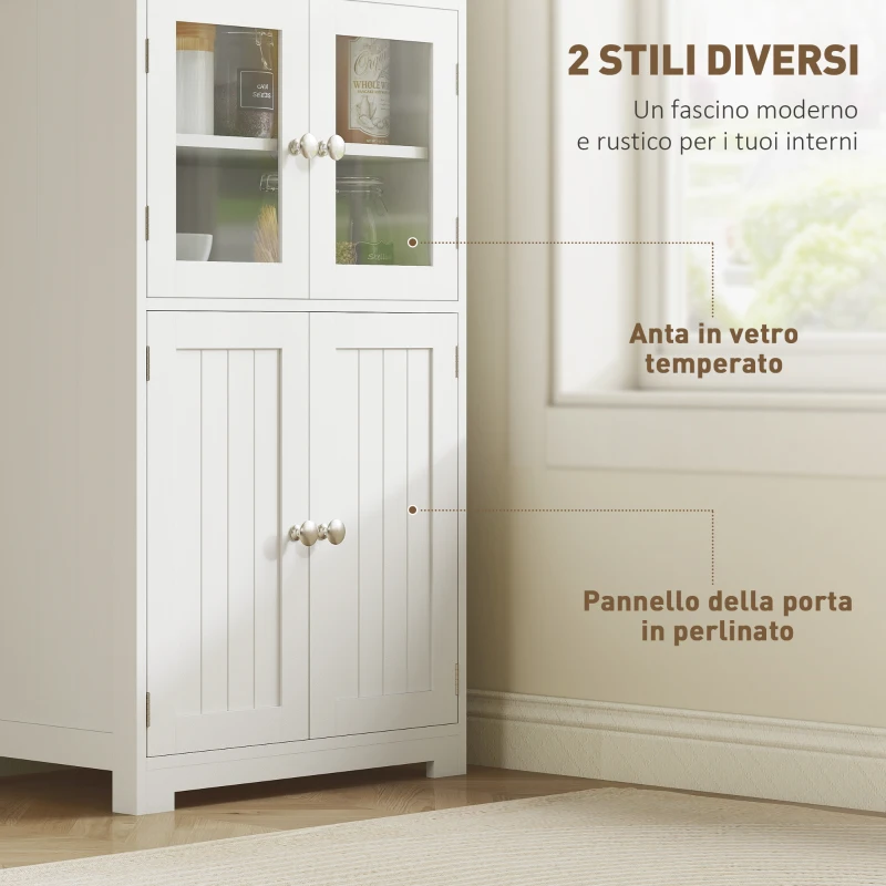 HOMCOM Mobile Dispensa con 2 Ripiani Aperti e 2 Armadietti con Ante, in MDF e Vetro, 60x30x162 cm, Bianco