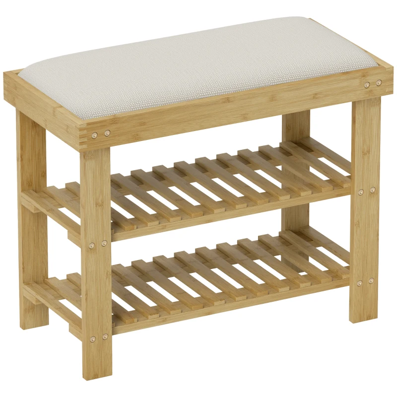 HOMCOM Shoe Bench with Seat, Bamboo Storage Bench, 2 Open Compartments, Bench 60 x 29 x 49 cm Cream White