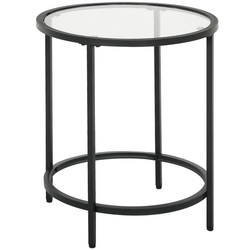 HOMCOM Round side table with glass top and metal frame, small coffee table for living room, bedroom, Black
