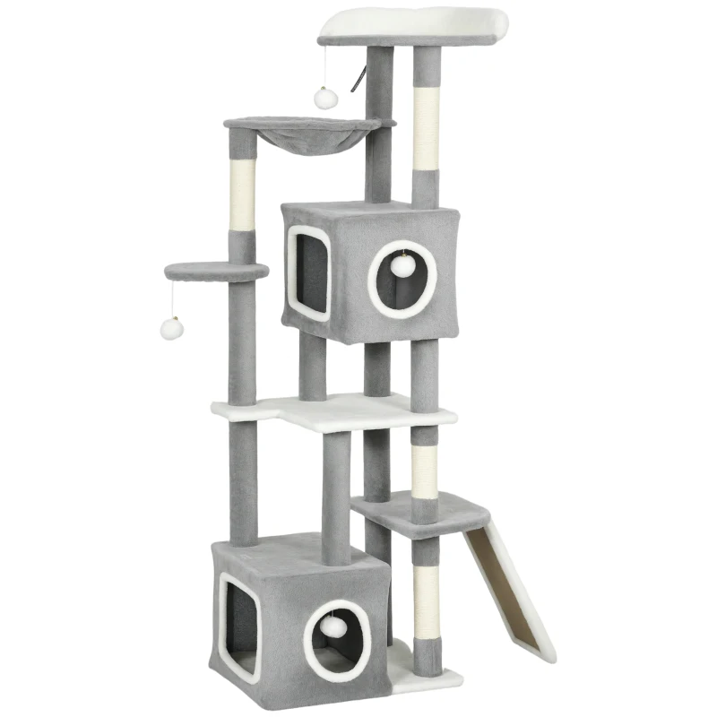 PawHut Albero Tiragraffi per Gatti con 2 Casette, Rampa, Trespoli e 4 Palline, 48x40x165 cm, Grigio e Bianco