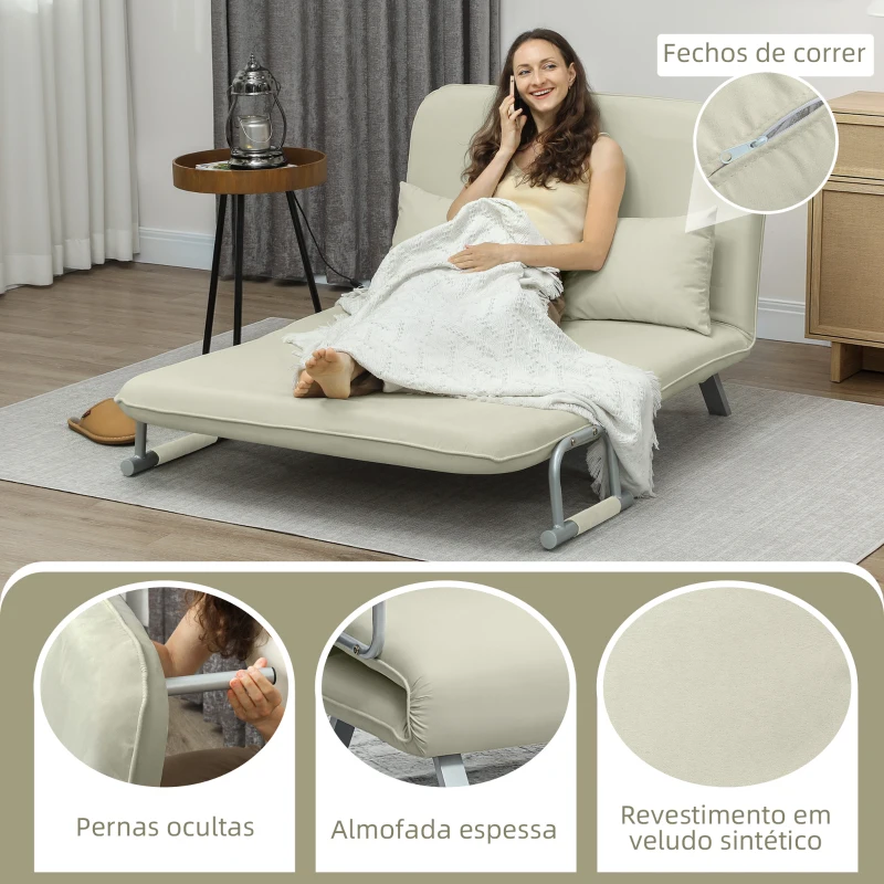 HOMCOM Sofá Cama de 2 Lugares Estofado em Camurça Sintética com Encosto Ajustável em 5 Níveis e 2 Almofadas 111x80x78 cm Bege