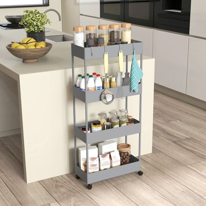 HOMCOM Kitchen Cart with 4 Shelves, 4 Flexible Hooks, 4 Wheels, 40 cm x 19 cm x 90 cm, Niche Cart, Gray