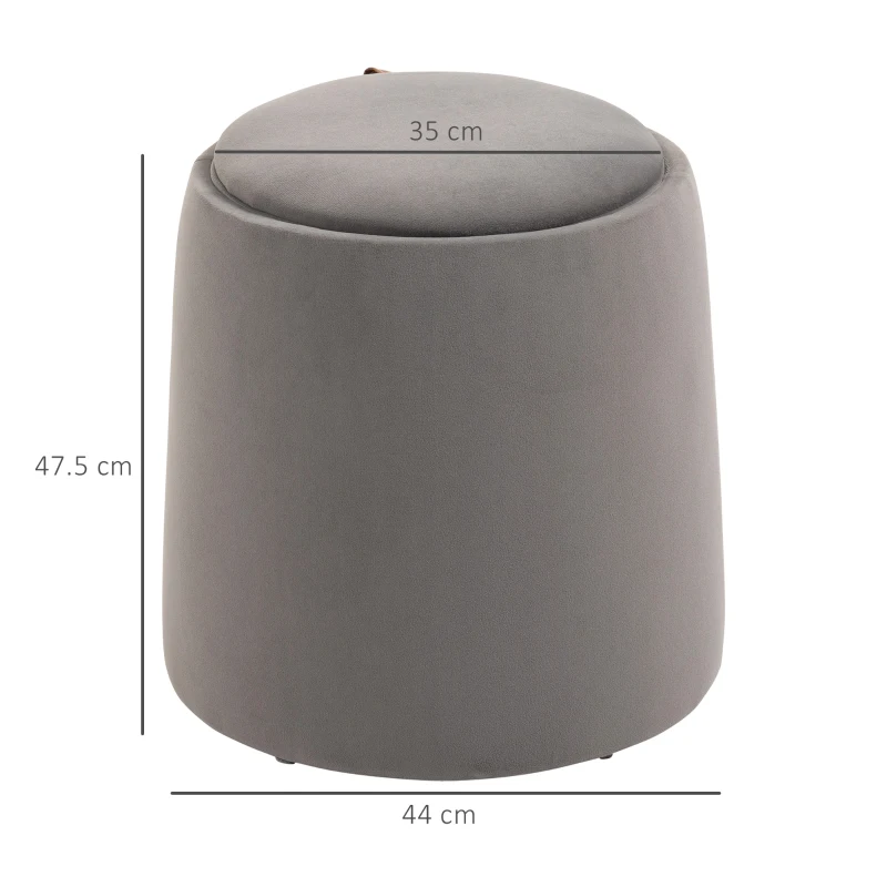 HOMCOM 2-in-1 Velvet-Look Stool with Storage and Removable Lid Φ44 cm x 47.5 cm Gray