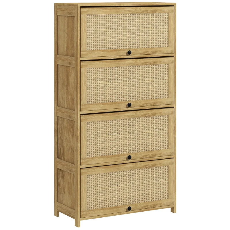 HOMCOM Dulap de Bucatarie Boho, Dulap de Depozitare de Bucatarie din Ratan cu 4 Usi Rabatabile, Natur