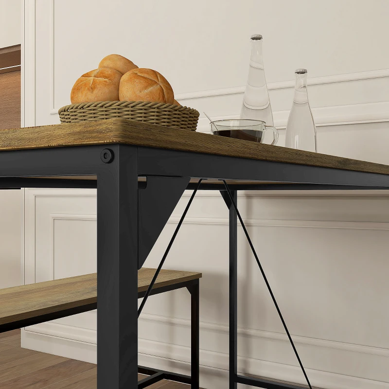 HOMCOM Dining Set, Table & 2 Benches, Industrial Design, Steel Frame, Wood Decor/Black