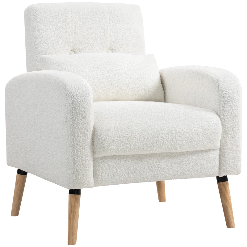 HOMCOM Modern Armchair, Upholstered Chair with Rubberwood Legs, Lumbar Pillow, for Living Room, Bedroom, Office, White