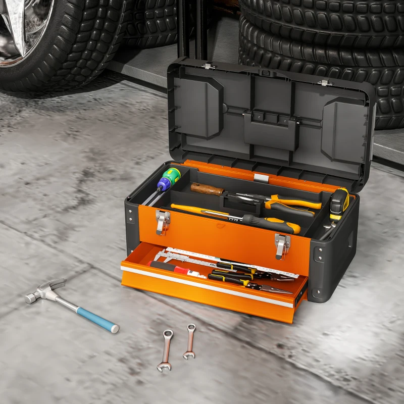 HOMCOM Empty Tool Chest, 49.7 x 25.3 x 23 cm Toolbox with Drawer & Mini-Box, Steel, Orange