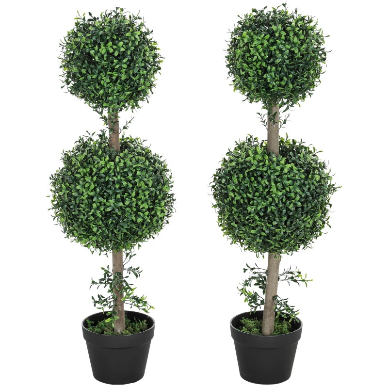 HOMCOM 2-Piece Set Artificial Plants, Artificial Boxwood Plants, UV-Protected, with Pot, Green