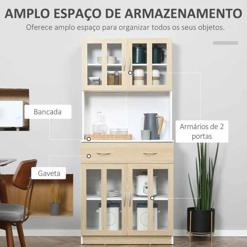 HOMCOM Aparador de Cozinha com 4 Portas de Vidro Bancada Aberta para Micro-Ondas  80x40x180 cm Branco e Madeira