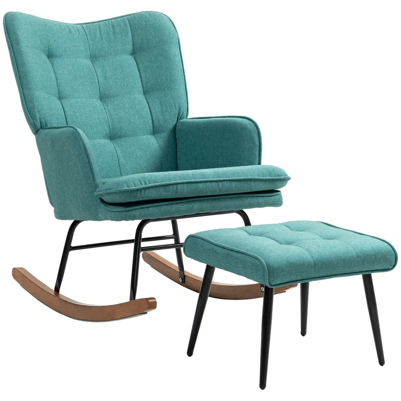 HOMCOM Rocking chair with footstool, wide seat, high backrest, linen imitation, Mint green