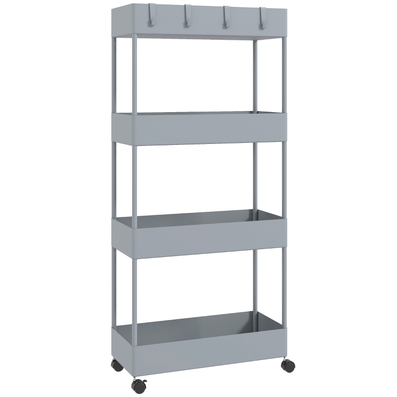 HOMCOM Kitchen Cart with 4 Shelves, 4 Flexible Hooks, 4 Wheels, 40 cm x 19 cm x 90 cm, Niche Cart, Gray
