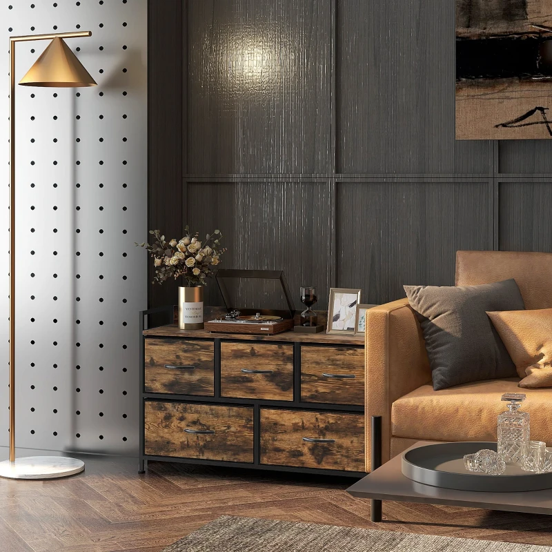 HOMCOM Dresser with Foldable Fabric Drawers, Melamine Wood, Steel Frame, Brown