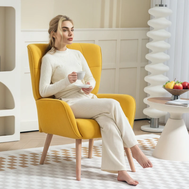 HOMCOM Upholstered Armchair, Living Room Chair with Tufting, Soft Velvet-Look Cover, up to 120 kg, Yellow