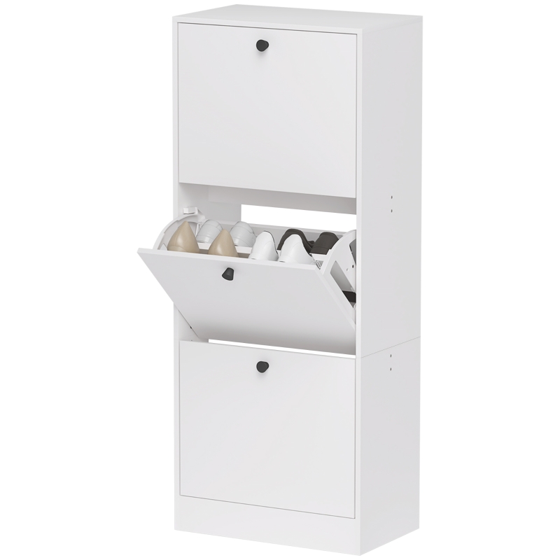 HOMCOM Shoe Cabinet, Shoe Rack, 3 Flip Compartments, Adjustable, Particleboard, White